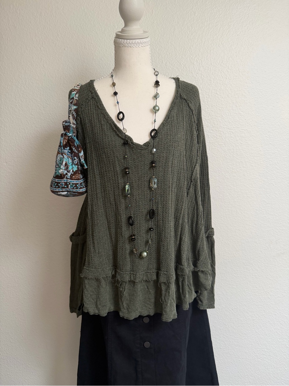 We The Free Olive Green V-Neck Waffle Knit Tunic